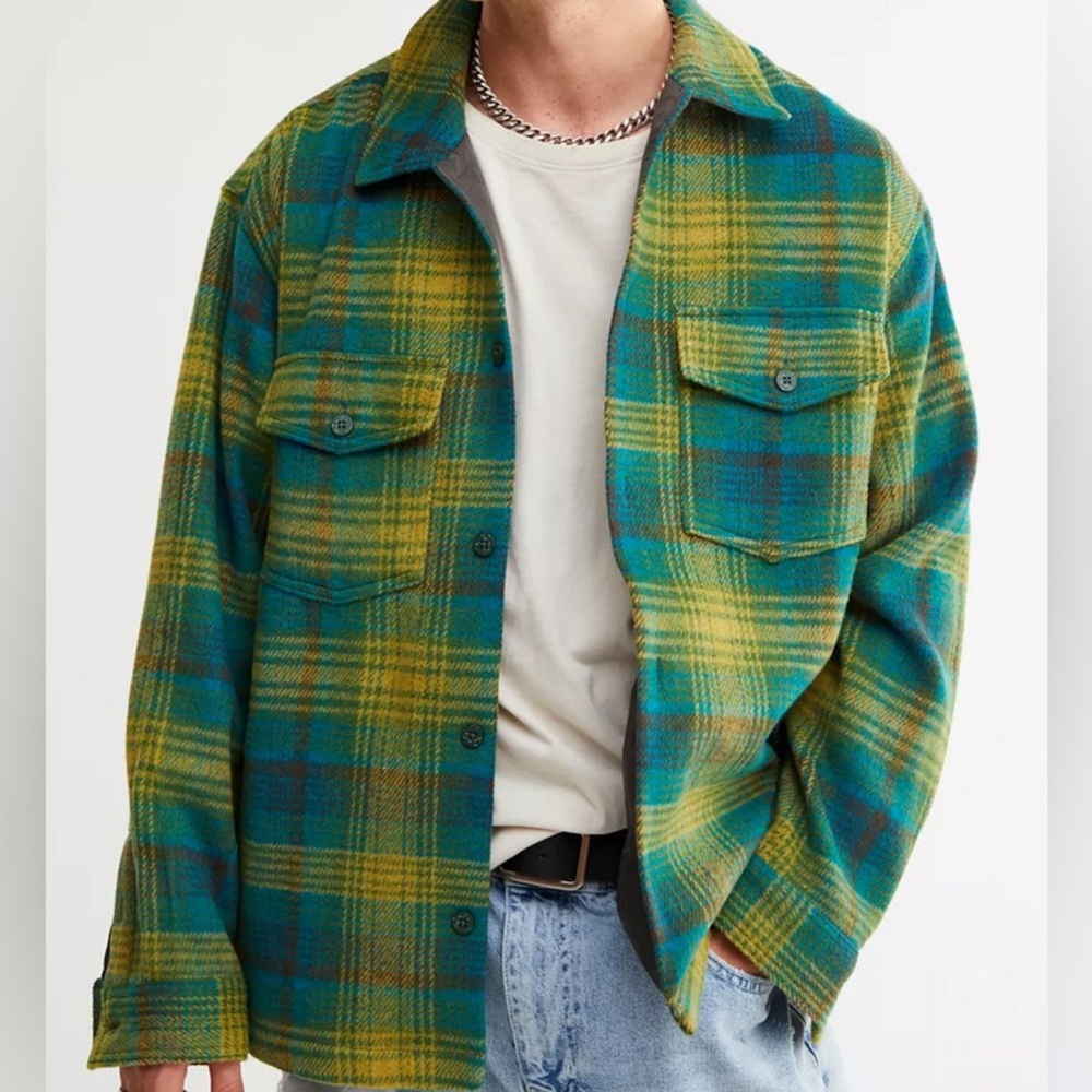 Urban Outfitters BDG Robson Brushed plaid Shirt Jacket - size M - blue/green